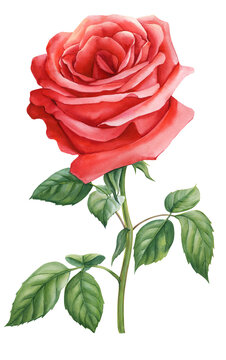 Red rose beautiful flower, isolated white background, watercolor botanical painting floral illustration. Amazing Flower