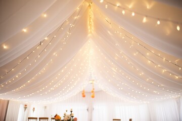 white drapery and fairy lights adorning the ceiling of a hall - obrazy, fototapety, plakaty