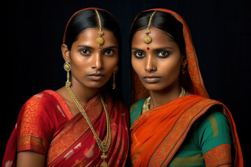 Female twins, 40 years old, Indian, in traditional sarees with intricate patterns