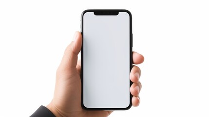 Mobile phone mockup with blank white screen in human hand, 3d render illustration put on a sweater, hold a smartphone Mobile digital device in arm isolated on white