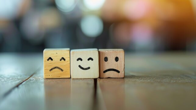 Mental health and emotional state, Smile face in bright side and sad face in dark side on wooden block cube for positive mindset selection, expression, mask, bipolar, generate by AI