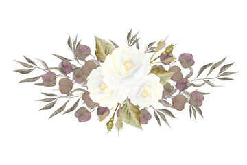 Watercolor roses and eucalyptus greenery. Delicate vintage roses, frame, wreath, bouquet. Ideal for stationery, greeting cards, fashion