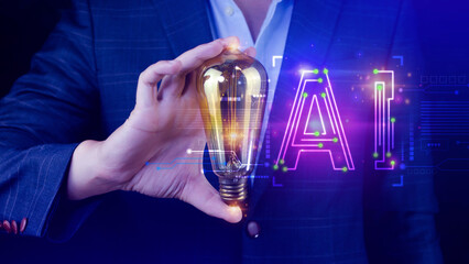 Ai tech, Businessman using virtual graphic Global Internet connect Chatgpt Chat with AI, Artificial...