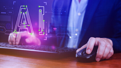 Ai tech, Businessman using virtual graphic Global Internet connect Chatgpt Chat with AI, Artificial...