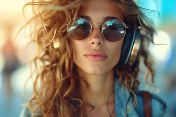 Foto op Canvas Milan Stylish Woman with Headphones and Urban Backdrop © Custom Media