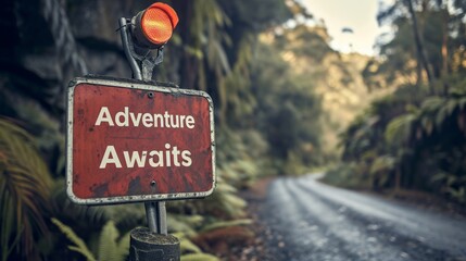 Road sign: Adventure Awaits - Travel Theme - obrazy, fototapety, plakaty