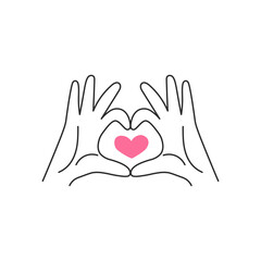 Obraz premium Love gesture two hands showing heart. Modern support, care, charity, donation symbol. Vector illustration in doodle style. Hand drawn romantic icon.