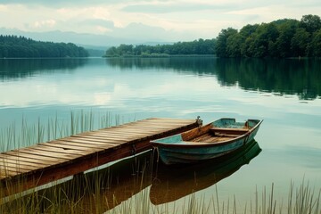 serene and tranquil scene of a calm lake surrounded by lush greenery