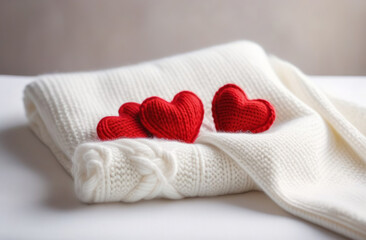 red knitted handmade hearts on a white knitted plaid with a place for text