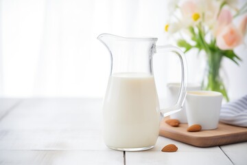 almond milk in a clear pitcher with whole almonds arranged around - obrazy, fototapety, plakaty