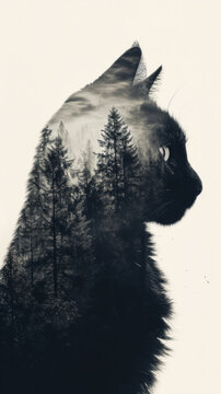 Cat in double exposure of forest mountains, silhouette 