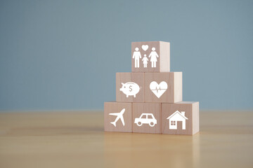 Insurance concept. Protection against a possible eventuality. House, savings, car, family, travel...