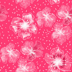 Seamles abstract simple floral pattern white flowers pink background - 715350944