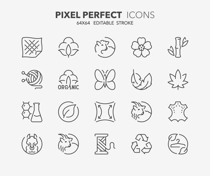 Line icons about fabric features. Outline symbol collection. Editable vector stroke. 64x64 Pixel Perfect.