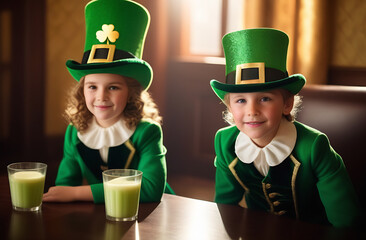 children close-up in leprechaun costume. Irish pub. st patrick's day concept