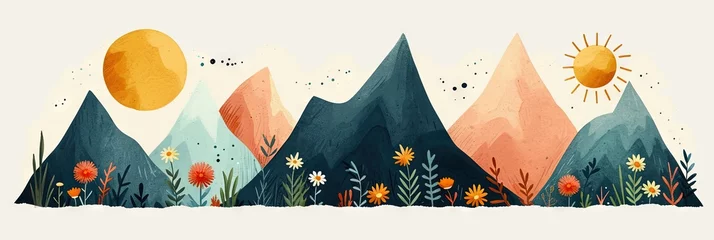 Foto auf Acrylglas Berge Minimalist abstract colorful clipart print set with mountains, sun, daisies. Softly organic simple lined bold shaped charming tiny core print vector style. Great as web banner, poster design.