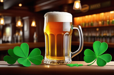 Large mug of beer on a wooden table. Irish pub. st patrick's day concept