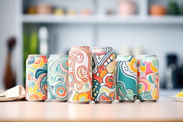 several cans with colorful mockup designs, white canvas