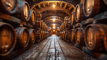 Whiskey, bourbon, scotch, wine barrels in an aging facility - obrazy, fototapety, plakaty