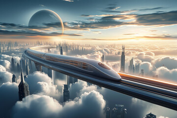 Fototapeta premium Future cities are high-speed trains in the cloud.