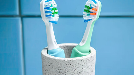 Different toothbrushes in holder on light blue background, 