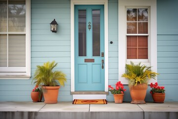 colonial with teal door, white framing, potted plants, morning