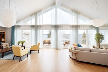 large windows with sheer curtains in an openplan space