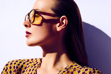 Profile fashion model portrait. Square shape yellow sunglasses. Young beautiful model posing in...