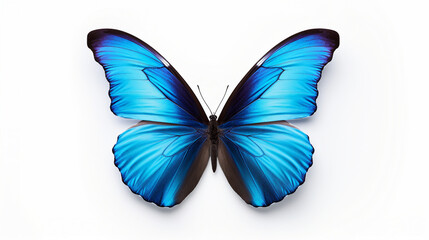 Graceful Blue Butterfly with Vibrant Wings, Flying Over a White Background - Nature's Elegance Captured in a Delicate Insect