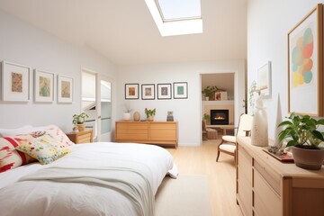 cozy bedroom in tudor house with modern skylights