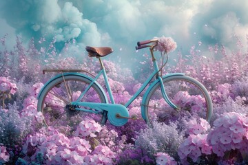 retro bike decorated with flowers on a blue background. a romantic postcard