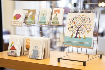 handcrafted greeting cards on a display rack