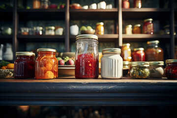 Home-canned goods on pantry shelves, rustic setting - obrazy, fototapety, plakaty