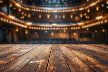 Foreground Wooden Plank Floor Stage with Blurry Grand Concert Hall Background