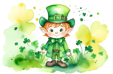 Cheerful leprechaun with red hair in a green suit and hat. There is a clearing around with clover. St. Patrick's day concept. watercolor