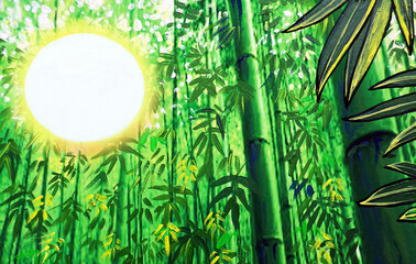 Original oil painting   bamboo grove in forest