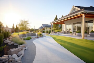 Obraz premium garden with droughttolerant landscaping around a new villa