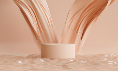 podium on water with beige curtain in background for cosmetic product display, 3d illustration