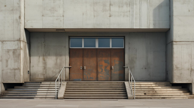 Arquitectura brutalista, minimalista, de hormig&oacute;n visto con formas geom&eacute;tricas monocrom&aacute;ticas. Puertas de edificios con arquitectura brutalista
