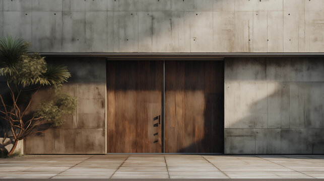 Arquitectura brutalista, minimalista, de hormigón visto con formas geométricas monocromáticas. Puertas de edificios con arquitectura brutalista

