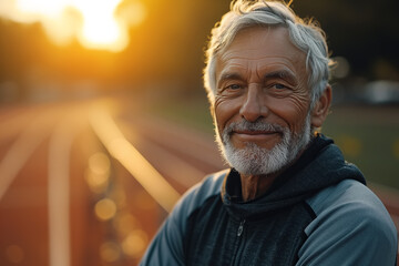 Senior people and sports. Portrait of a cheerful man at an outdoor stadium, an elderly Caucasian athlete training in morning