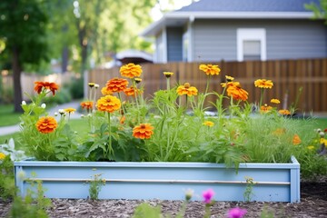 elevated metal garden bed with bright zinnias and cosmos