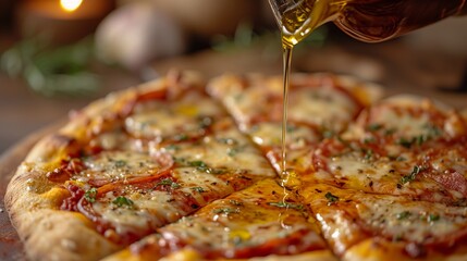 Culinary and Process Imagery Drizzle of olive oil being poured over the pizza