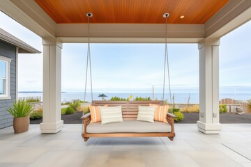 covered outdoor patio of a shingle house with hanging swing and ocean panorama