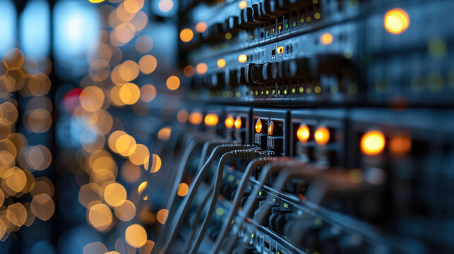 a close-up view of a server rack with multiple cables connected, generative ai