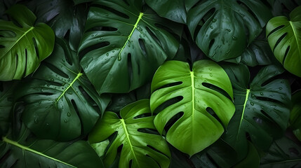 Tropical leaf. Closeup nature view of green leaf and nature background. Flat lay, Dark nature Concept. Generative Ai.
