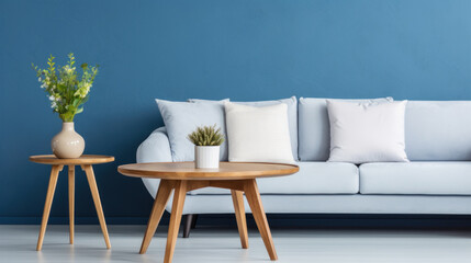 Modern Living Room with Blue Wall and Wooden Tables