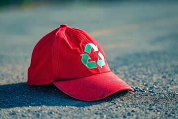 red cap with a green and white recycling symbol on it lying on an asphalt surface