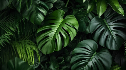 Fototapeta na wymiar Tropical leaf. Closeup nature view of green leaf and nature background. Flat lay, Dark nature Concept. Generative Ai.