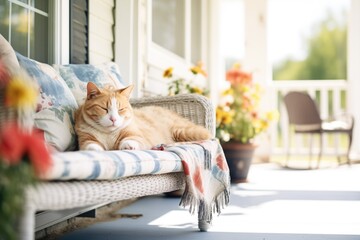 cat lounging on a sunny farmhouse porch step - obrazy, fototapety, plakaty